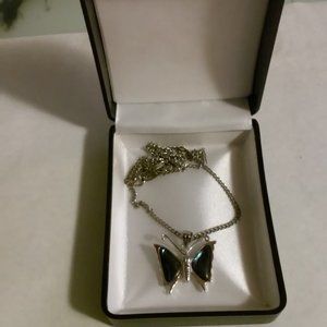 Butterfly Necklace Silver and Blue Hangs 10 1/4"In Box
